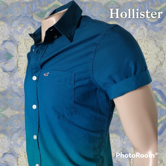 🆕 Hollister Co. Short Sleeve Button Down Shirt Ombré Dip Dye Roll Sleeve XS - Picture 3 of 8